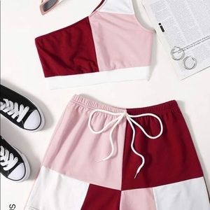 SHEIN Plus One Shoulder Colorblock Top & Shorts Set.
